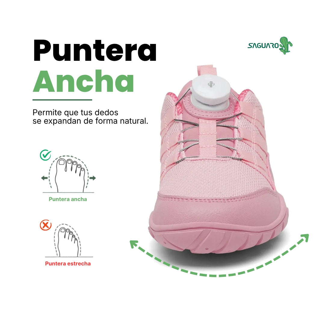 Zapatilla de niña con puntera ancha Saguaro Forestep I rosa, diseñada para permitir la expansión natural de los dedos.