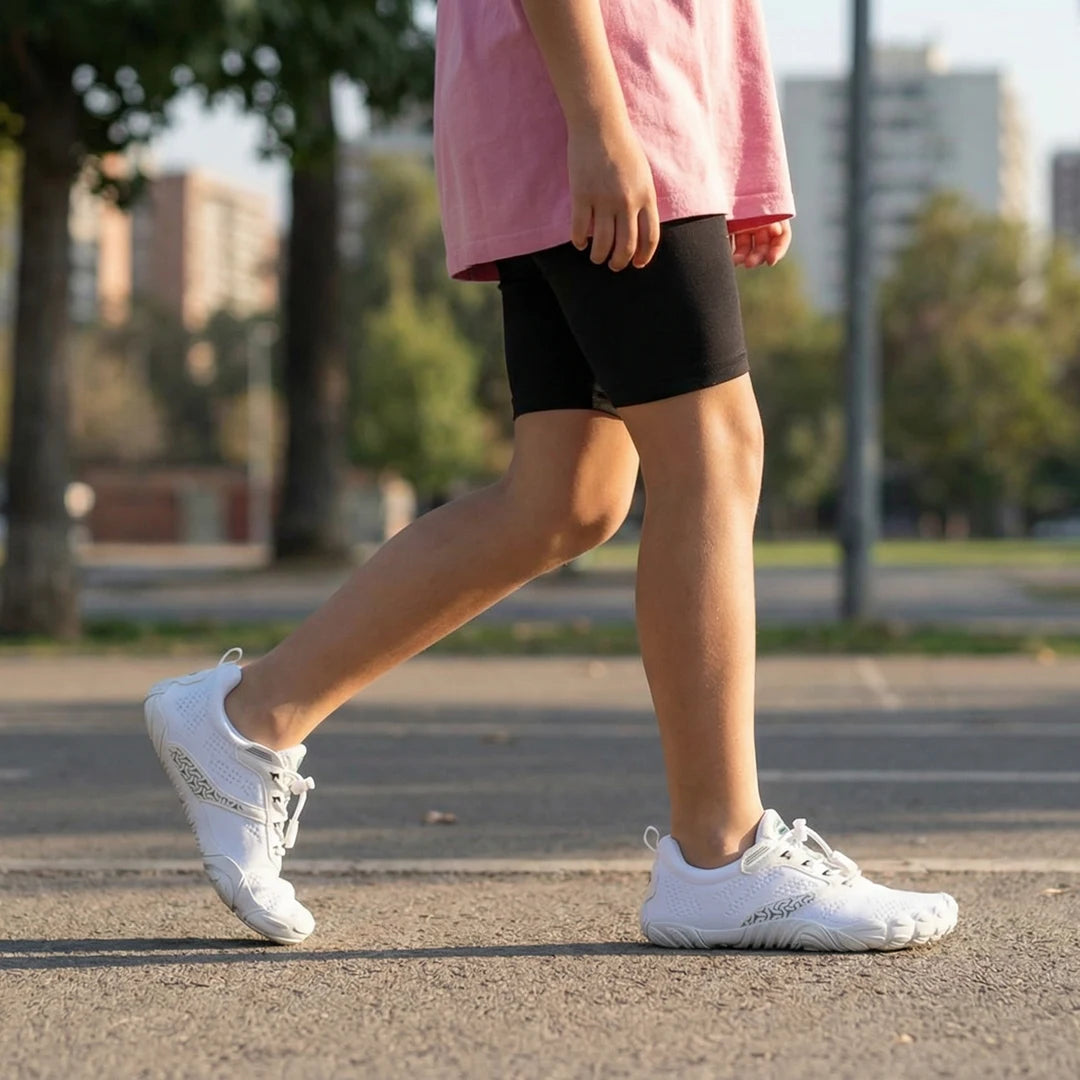 Niña caminando con zapatillas respetuosas blancas Saguaro Kids Free, calzado infantil con suela flexible para un desarrollo sano.