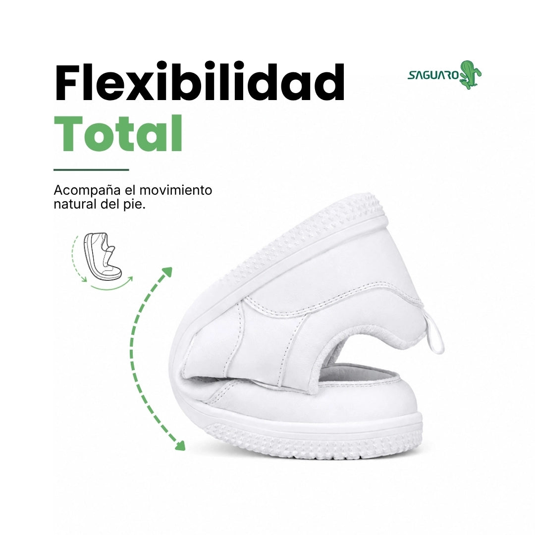 Zapato minimalista blanco flexible enrollado — zapatilla barefoot mujer suela plana Chile