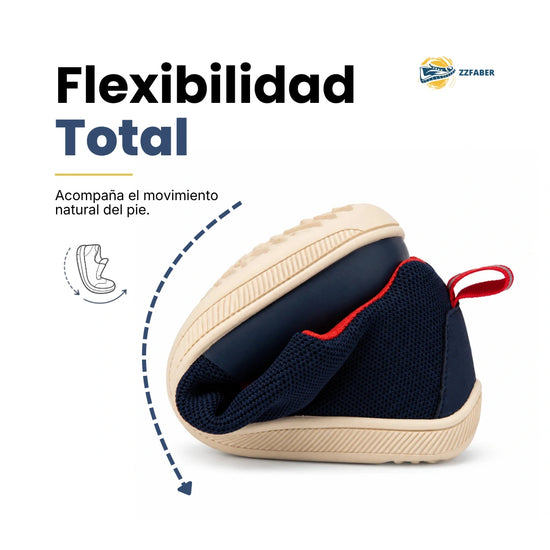 Zapatos bebé ergonómicos con capacidad de flexión 360° para mayor agilidad infantil.