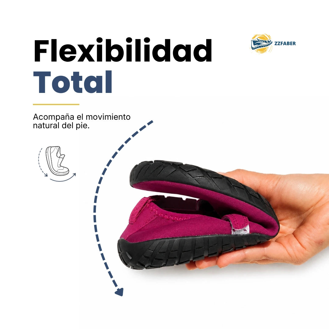 Zapatos ergonómicos de mujer ZZFABER Dance I color berry, baletas minimalistas dobladas mostrando una suela flexible con drop cero en Chile.