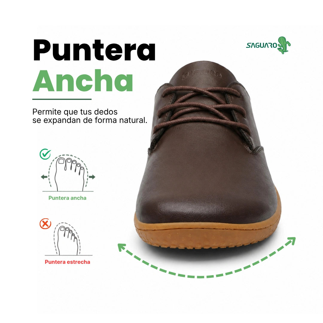 Zapato de horma ancha Saguaro Dream III café, calzado respetuoso que permite la alineación natural de los dedos del pie.
