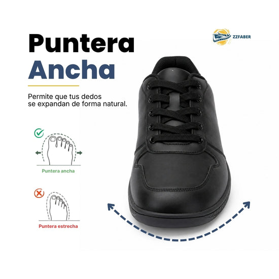 Zapatilla casual elástica ZZFABER Easy I color negro, calzado cómodo con flexibilidad garantizada diseñado para pies con empeine alto en Chile.