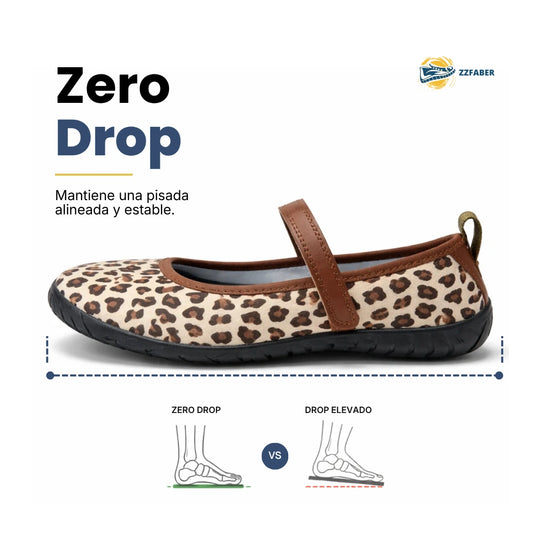 Zapato minimalista para mujer con suela plana zero drop y tejido elástico de leopardo.
