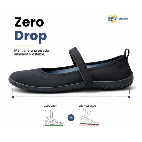 Zapato minimalista negro para mujer con suela totalmente plana y tejido elástico adaptable.