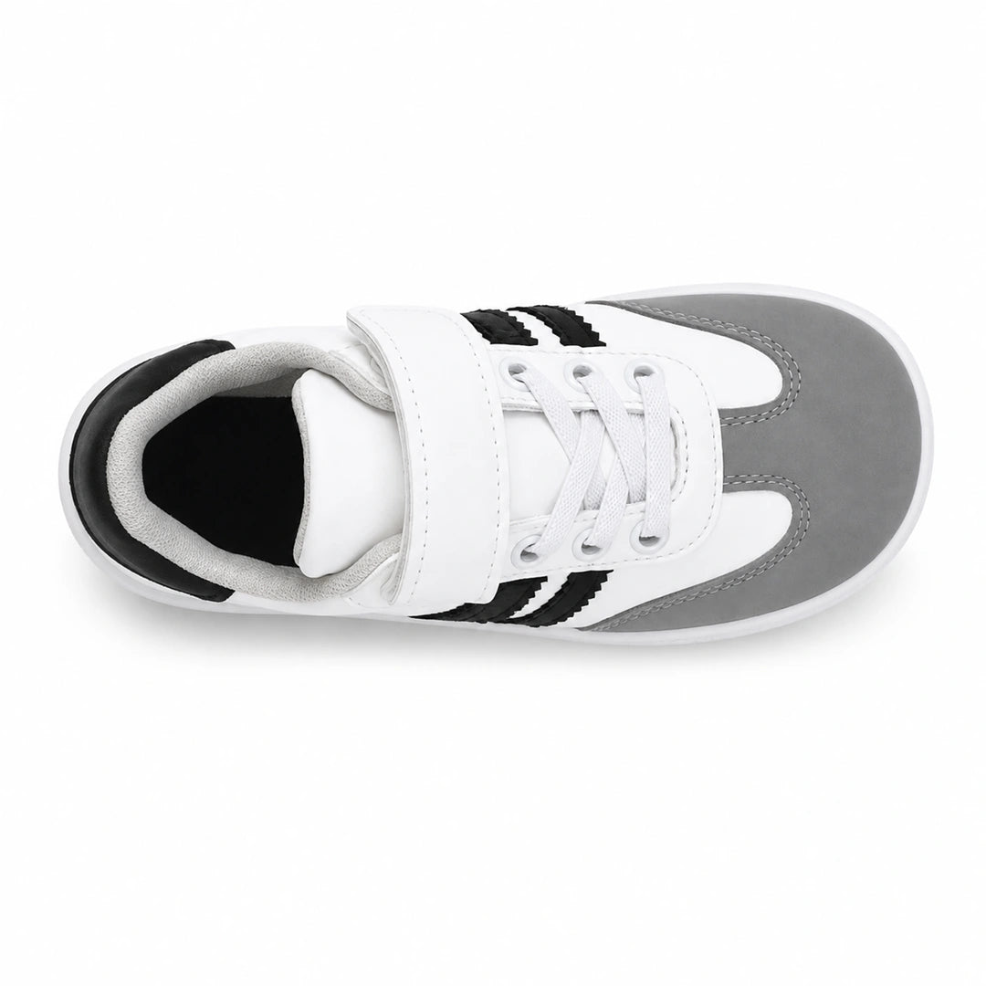 Zapatilla minimalista infantil ZZfaber Kids Niza I blanco con negro vista desde arriba.